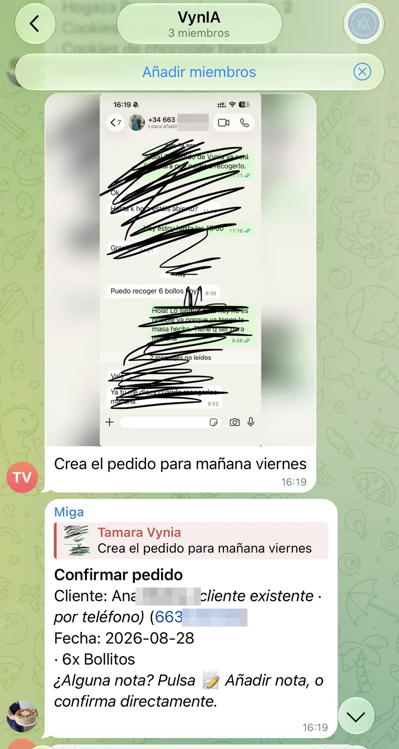 Miga, el asistente de Telegram de Vynia, convirtiendo una captura de WhatsApp en un pedido estructurado listo para confirmar